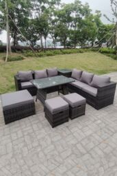 Fimous Lounge Rattan Garden Furniture Sets Dining Table & Big Footstools in Dark Grey - thumbnail 3