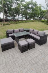 Fimous Lounge Rattan Garden Furniture Sets Dining Table & Big Footstools in Dark Grey - thumbnail 1