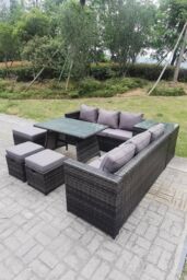 Fimous Lounge Rattan Garden Furniture Sets Dining Table & Big Footstools in Dark Grey - thumbnail 2