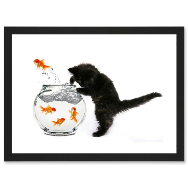 Artery8 Black Kitten Cat Goldfish Bowl A4 Artwork Framed Wall Art Print - image 1