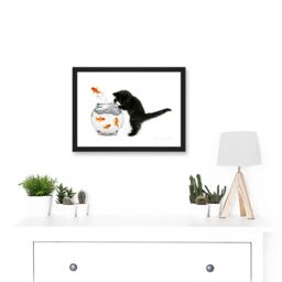 Artery8 Black Kitten Cat Goldfish Bowl A4 Artwork Framed Wall Art Print - thumbnail 2