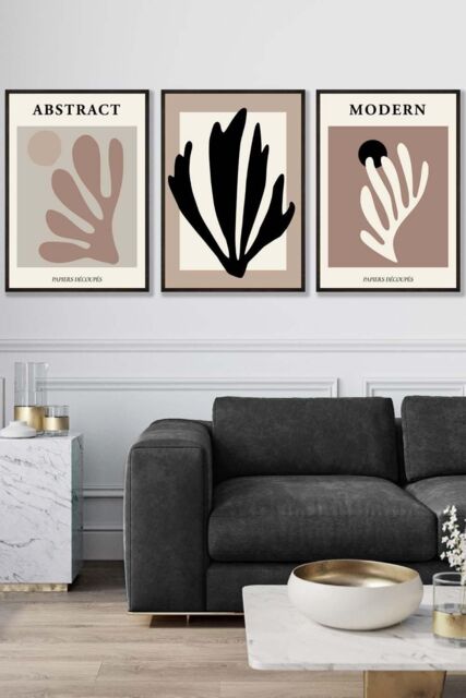 ARTZE Set of 3 Black Framed Matisse Style Floral Cut Out Browns & Black Wall Art in Chocolate - Size: W33 cm x H45 cm x D20mm - image 1