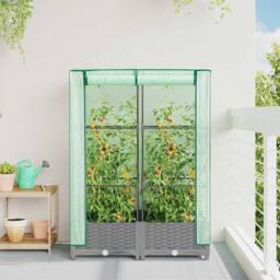 Berkfield Home Raised Bed with Greenhouse Cover Rattan Look 80x40x123 cm in Light Grey - Size: 80 x 40 x 123 cm - thumbnail 1