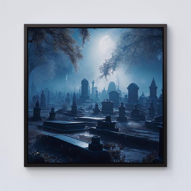 Warren Reed - Designer A Breathtaking Scene Of A Moonlit Graveyard Framed Canvas in Black - Size: w40 inch x h40 inch - image 1