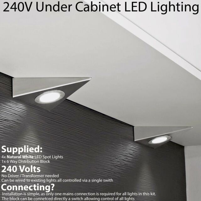 Loops 4x BRUSHED NICKEL Triangle Surface Under Cabinet Kitchen Light Kit - 240V Mains Powered - Natural White LED in Metallics - image 1