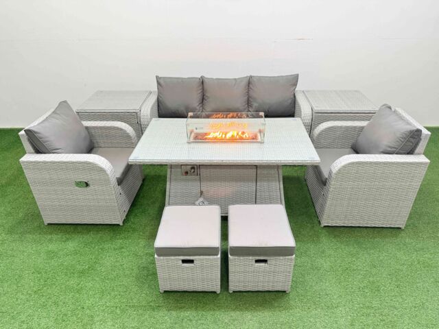 Fimous PE Rattan Garden Furniture Set Reclining Chair Sofa Lounge Sofa Set Firepit Dining Table 2 Side Table 2 Small Stools Light Grey - image 1