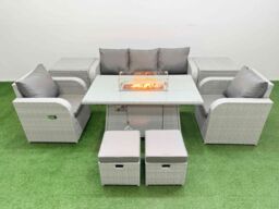 Fimous PE Rattan Garden Furniture Set Reclining Chair Sofa Lounge Sofa Set Firepit Dining Table 2 Side Table 2 Small Stools Light Grey - thumbnail 1