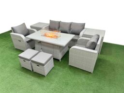 Fimous PE Rattan Garden Furniture Set Reclining Chair Sofa Lounge Sofa Set Firepit Dining Table 2 Side Table 2 Small Stools Light Grey - thumbnail 2