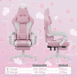 Gartistgo Gaming Chair with Cat Ears, Massage Lumbar Support & Footrest in Pink - thumbnail 2