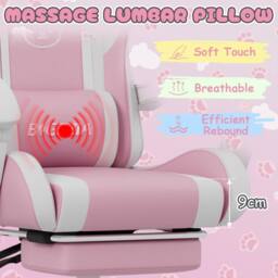 Gartistgo Gaming Chair with Cat Ears, Massage Lumbar Support & Footrest in Pink - thumbnail 3