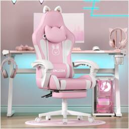 Gartistgo Gaming Chair with Cat Ears, Massage Lumbar Support & Footrest in Pink