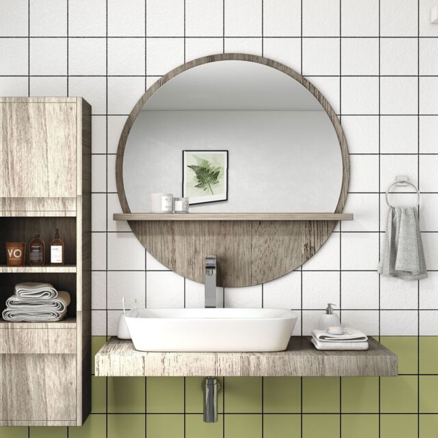 Kleankin Round Mirror for Wall Makeup Mirror with Shelf Grey Wood Effect - image 1