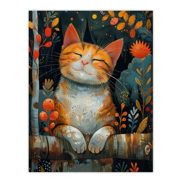 "Artery8 Wall Art Print Happy Ginger Tabby in Nature Cat Lover Painting Poster in Orange - Size: W12"" x H16""" - image 1