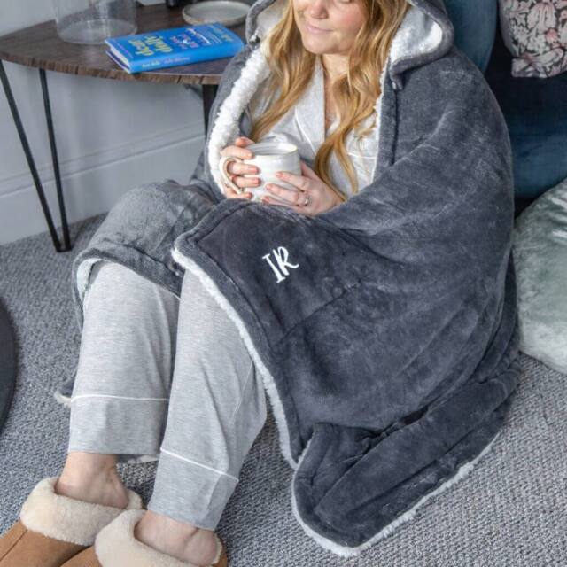 Duncan Stewart Personalised Hooded Sherpa Blanket in Grey - image 1