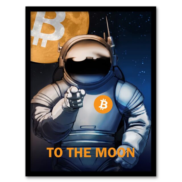 Artery8 Bitcoin To Moon Crypto Astronaut Satoshi Framed Wall Art Print in Dark Blue - Size: A4 - image 1
