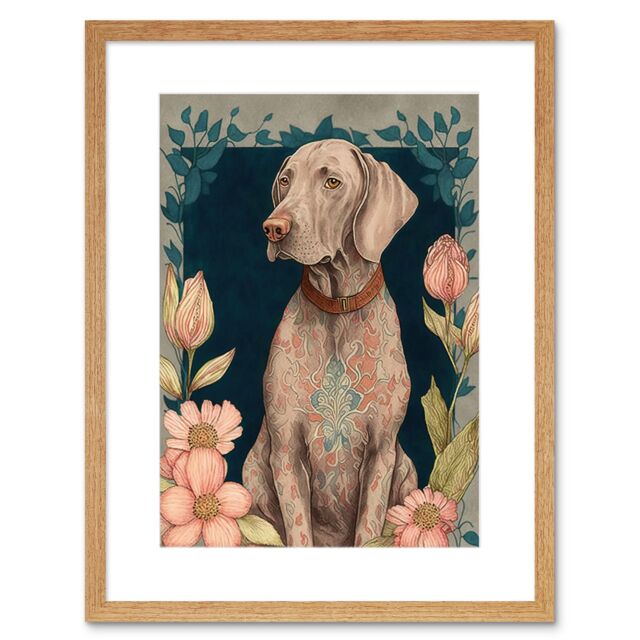 "Artery8 Wall Art Print Grey Weimaraner Dog with Ornate Pattern Fur Coat & Flowers Modern Art Nouveau Artwork Framed 9X7 Inch - Size: W7"" x H9""" - image 1