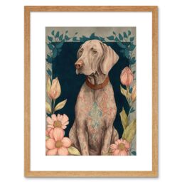"Artery8 Wall Art Print Grey Weimaraner Dog with Ornate Pattern Fur Coat & Flowers Modern Art Nouveau Artwork Framed 9X7 Inch - Size: W7"" x H9""" - thumbnail 1