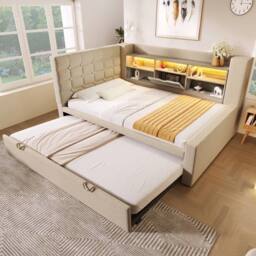 ModernLuxe Upholstered daybed with headboard storage & pull out trundle bed in Beige - Size: Single - thumbnail 9