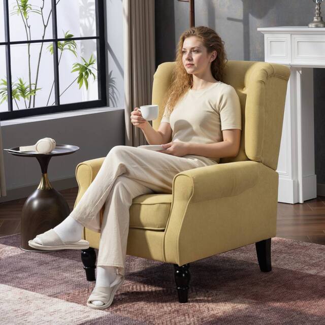 HOMCOM Retro Accent Chair Wingback Armchair with Wood Frame for Living Room in Yellow - Size: 1 Seater - image 1