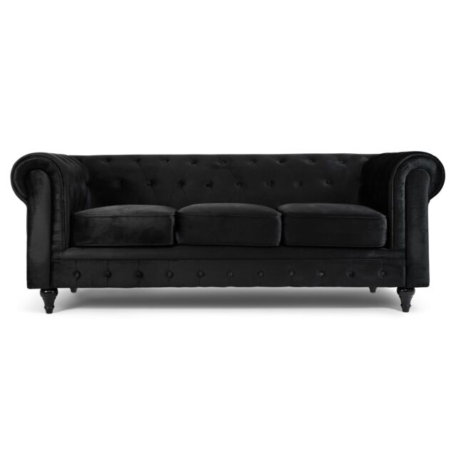 Bravich LTD Chesterfield Scroll Arm Velvet Sofa Buttoned Back Living Room Settee in Black - Size: 2 Seater - image 1