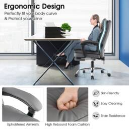 Costway Modern Office Chair Padded Reclining Chair w/Retractable Footrest in Grey - thumbnail 8