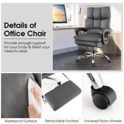 Costway Modern Office Chair Padded Reclining Chair w/Retractable Footrest in Grey - thumbnail 7