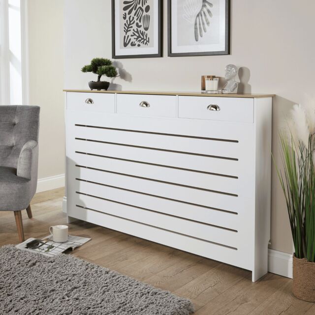 Home Source Batley Large Radiator Cover Grill Shelf Cabinet 3 Drawers Modern White - image 1