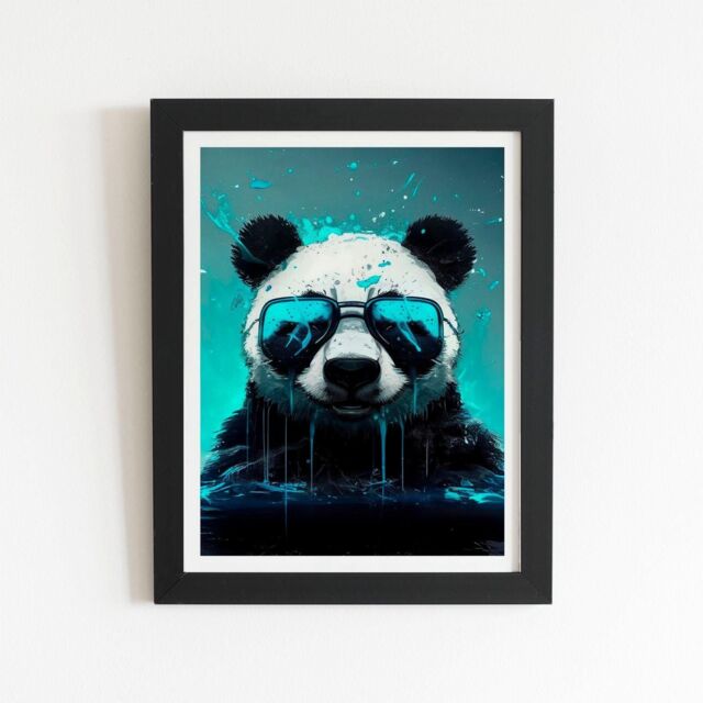 "Warren Reed - Designer Panda With Blue Glasses Splashart Framed Art Print in Black - Size: W16"" x H24""" - image 1