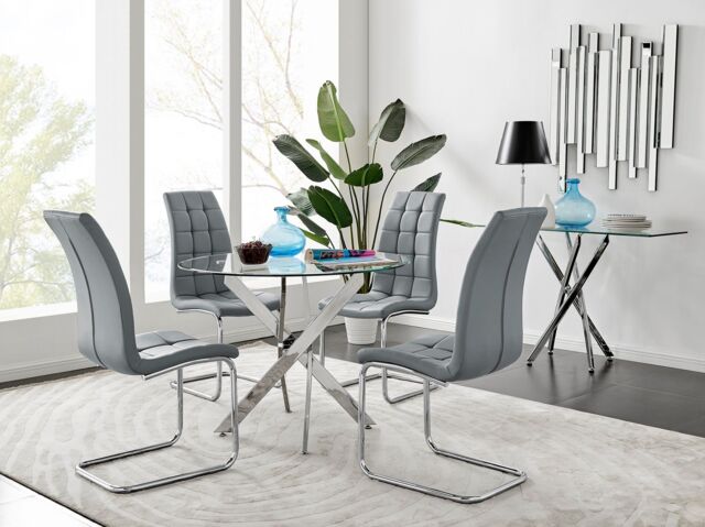 FurnitureboxUK Novara Chrome Metal 100cm Round Glass Dining Table & 4 Murano Dining Chairs in Grey - image 1