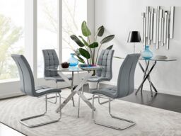 FurnitureboxUK Novara Chrome Metal 100cm Round Glass Dining Table & 4 Murano Dining Chairs in Grey