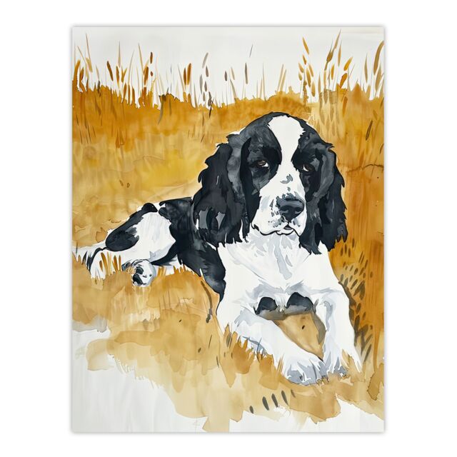 "Artery8 Dog Lover English Springer Spaniel in Wheat Field Wall Art Print in Mustard - Size: W12"" x H16""" - image 1