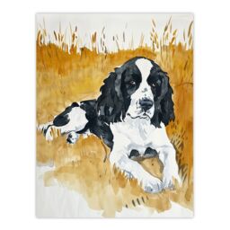 "Artery8 Dog Lover English Springer Spaniel in Wheat Field Wall Art Print in Mustard - Size: W12"" x H16""" - thumbnail 1