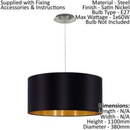 Loops Pendant Light Colour Satin Nickel Steel Shade Black Gold Fabric Bulb E27 1x60W in Metallics - thumbnail 2