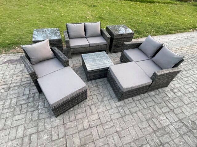 Fimous 7 Seater Outdoor Rattan Garden Furniture Set Conservatory Patio Sofa Coffee Table Set with Chair 2 Side Tables 2 Big Footstool in Dark Grey