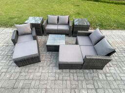 Fimous 7 Seater Outdoor Rattan Garden Furniture Set Conservatory Patio Sofa Coffee Table Set with Chair 2 Side Tables 2 Big Footstool in Dark Grey - thumbnail 2
