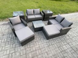 Fimous 7 Seater Outdoor Rattan Garden Furniture Set Conservatory Patio Sofa Coffee Table Set with Chair 2 Side Tables 2 Big Footstool in Dark Grey - thumbnail 1