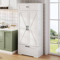 Merax White Tall Kitchen Pantry Storage Cabinet with Wine Rack & Shelves