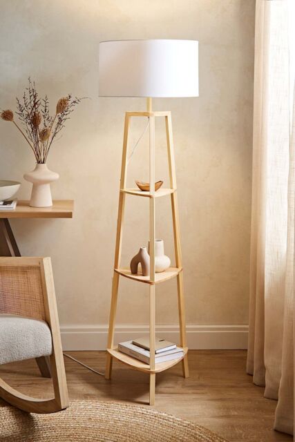 ValueLights Hiru Natural 3 Tier Wooden Shelf Floor Lamp with Large Drum Shade in White - image 1