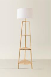 ValueLights Hiru Natural 3 Tier Wooden Shelf Floor Lamp with Large Drum Shade in White - thumbnail 3