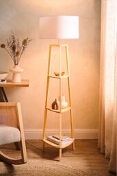 ValueLights Hiru Natural 3 Tier Wooden Shelf Floor Lamp with Large Drum Shade in White - thumbnail 2