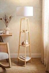 ValueLights Hiru Natural 3 Tier Wooden Shelf Floor Lamp with Large Drum Shade in White - thumbnail 1