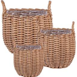 Wyld and Coco Set of 3 Brown PE Rattan Round Plant Baskets with Handles - thumbnail 2