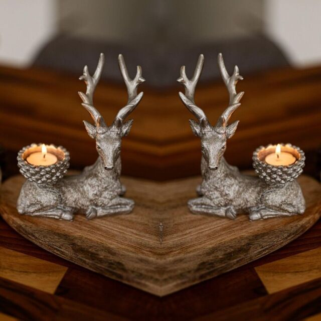Marco Paul 2pc Silver Stag Christmas Tea Light Candle Holder Set - image 1