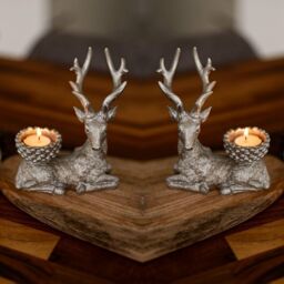 Marco Paul 2pc Silver Stag Christmas Tea Light Candle Holder Set - thumbnail 1