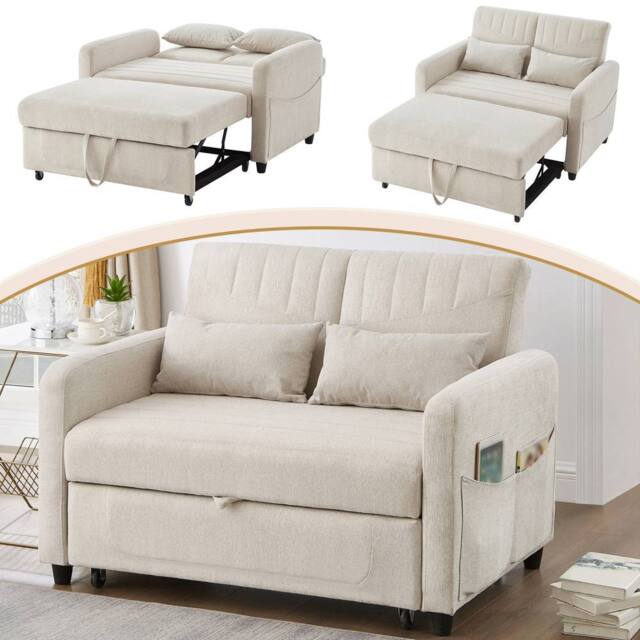 Rolipo Beige Cotton Linen Sleeper Sofa Two Seater Pull Out Sofa Bed - image 1