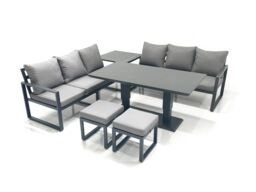 Fimous 8 Seater Aluminium Outdoor Garden Furniture Set w/ Adjustable Rising Lifting Dining Table 3 Seater Sofa 2 Small Footstool Side Table Dark Grey - thumbnail 1