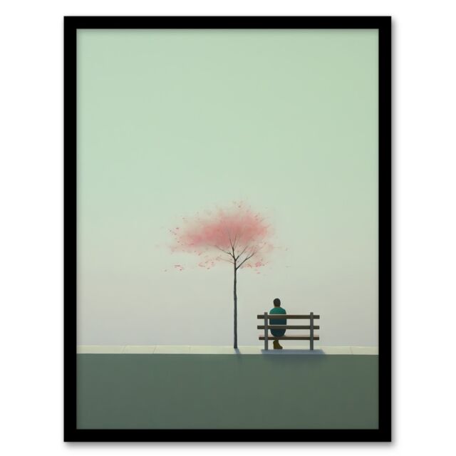 Artery8 Wall Art Print Cherry Tree Park By Amy Denver Minimalist Soft Pastel Grey Pale Green Minimalism Simple Modern Artwork Art Framed - image 1