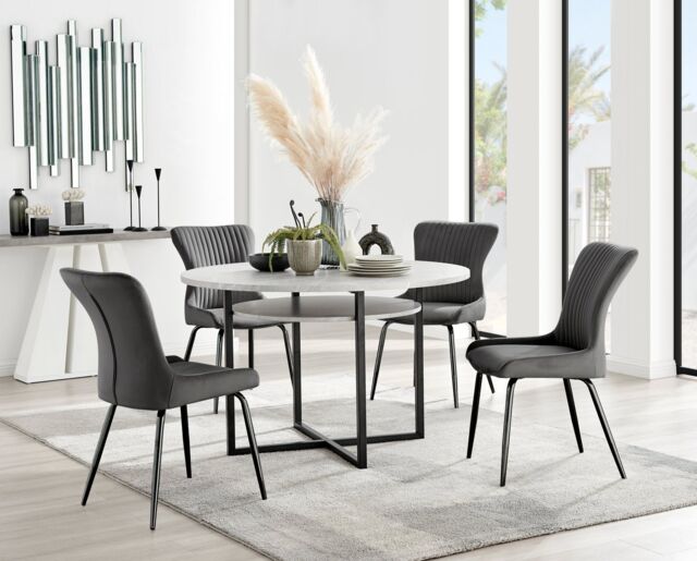 FurnitureboxUK Adley Grey Concrete Effect Round Dining Table & 4 Nora Black Leg Velvet Chairs in Dark Grey - image 1