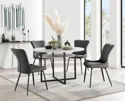 FurnitureboxUK Adley Grey Concrete Effect Round Dining Table & 4 Nora Black Leg Velvet Chairs in Dark Grey