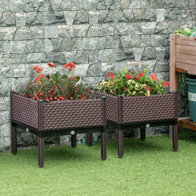 OUTSUNNY Set of 2 Raised Garden Bed Elevated Planter Box Flower Vegetables in Brown - image 1